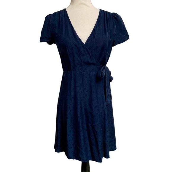Sézane Anastasia Silk Floral Wrap Mini Dress Navy Parisian Chic US 4 - Picture 1 of 12